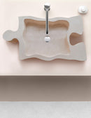 Beige Travertine puzzle shape farmhouse sink NTRVS02 W16 L27.5 installed above vanity at bathroom chrome faucet and liquid soap