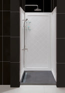 Black Basalt Rectangular Shower Base Hand-carved from Solid Stone Block (W)32" (L)48" installed modern bathroom shower white square ceramic tiles on wall