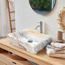 Honey onyx natural stone rectangular sink NTRSTC55 W13 L16 H5.5 installed bathroom above wooden counter