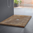 Noce brown travertine square shower base handcarved from solid travertine block w36 l36 h2 SPNBTSS31 room shot shower view 2Noce Brown Travertine Square Shower Base Hand-carved from Solid Travertine Block (W)36" (L)36" (H)2" installed bathroom dark gray porcelain tiles on the floor