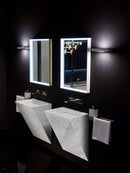 Polar White Marble Designer Triangle Sink Wall-mount Bathroom Sink (W)12" (L)18" (H)24" installed bathroom black walls and floors double sink rectangular backlit mirrors wide view