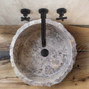 Silver Travertine Rustic Stone Above Vanity Bathroom Sink (D)16" (H)6" installed bathroom above wooden vanity and travertine wall tiles