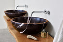 Natural Stone Toros Black Marble Above Vanity Bathroom Sink (D)16" (H)6" bathroom double sink view installed living edge wood vanity chrome wall-mount faucets and white hand-towel