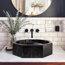 Toros Black Marble Octagon Above-vanity Bathroom Sink Polished (D)16" (H)5" installed bathroom on white marble vanity black wall-mount faucet subway tiles installed on walls