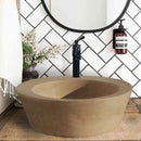 Troia Light Travertine Natural Stone Above Vanity Bathroom Vessel Sink (D)16" (H)6" installed bathroom black faucet liquid soap all-mount flowers inside old black vase wide view