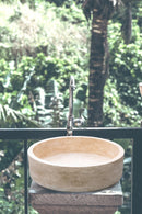 Troia Light Travertine Cylinder Round Above Vanity Bathroom Sink Honed (D)16" (H)6" on top stone column outdoor balcony view with nice backyard
