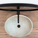 Troia Light Travertine Above Vanity Bathroom Oval Vessel Sink Polished (W)16" (L)21" (H)6" installed above wooden vanity black faucet and black round mirror