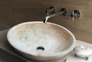 Troia Light Travertine Above Vanity Bathroom Oval Vessel Sink Polished (W)16" (L)21" (H)6" installed bathroom chrome wall mount faucet and wooden backsplash