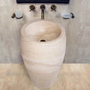 Troia Light 3 piece Travertine Pedestal Stand-alone Sink Curved Honed (D)16" (H)33.5" installed bathroom travertine flooring and wall tiles