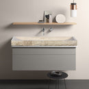 Troia Light Travertine Rectangular Above Vanity Bathroom Split-face Sink (W)16" (L)48" (H)4" installed bathroom chrome wall mount faucet and wooden shelf with hair brush lotion, round hand mirror
