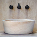 Troia Light Travertine Natural Stone Above Vanity Tapered Bathroom Sink (D)16" (H)6" installed bathroom with stone vanity and travertine wall tile black wall-mount faucet