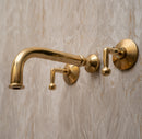 Unlacquered Brass Wall Mount Bathroom Faucet with Double Lever Handle and Rough-in Valve