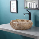 Valencia Travertine Natural Stone Above Vanity Bathroom Sink Polished (D)16" (H)6" installed bathroom black faucet and turquoise walls gray framed wall mirror