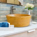 Oasis Gold Travertine Natural Stone Above Vanity Tapered Bathroom Sink Honed (D)16" (H)6" installed bathroom above white vanity and blue white hand-towel