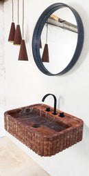 Red Travertine Wall-mount Bathroom Sink Ribbed Textured (W)16" (W)24" (H)6" black faucet round mirror ceiling hung lamps