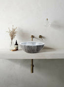Sirius Gray Marble Vessel Above Vanity Bathroom Sink Polished (D)15" (H)6" installed above concrete vanity bronze faucet and drain bathroom view wide