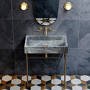 Sirius Gray Marble Rectangular Above Vanity Bathroom Sink (W)15" (L)24" (H)5" installed bathroom above metal frame gold faucet