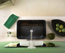Toros Black Marble Above Vanity Rectangular Bathroom Sink Polished (W)13.5" (L)21.5" (H)6" installed bathroom green apple and green wall and green towel on wooden vanity