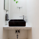Toros Black Marble Above Vanity Rectangular Bathroom Sink Polished (W)13.5" (L)21.5" (H)6" installed powder room above marble vanity mirror on the left and white black towel