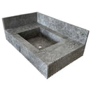 Tundra Gray Marble Rectangular Wall-mount Bathroom Sink with 6" Backsplash (W)16" (L)32" (H)10" ribbed texture on from one on short edge angle view