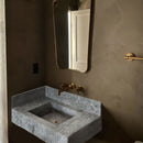 Tundra Gray Marble Rectangular Wall-mount Bathroom Sink with 6" Backsplash (W)16" (L)32" (H)10" installed bathroom gold faucet and gold frame mirror