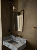 Tundra Gray Marble Rectangular Wall-mount Bathroom Sink with 6" Backsplash (W)16" (L)32" (H)10" installed bathroom gold faucet and gold frame mirror wide view