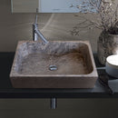 Tundra Gray Marble Farmhouse Rectangular Above Vanity Bathroom Sink (W)16" (L)19.5" (H)5" installed bathroom wooden backsplash and rectangular mirror hair brush on the vanity
