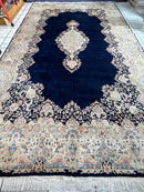 Palace-Size Vintage Royal Kirman Wool Rug – 9’9” x 17’2” – Hand-Knotted Persian Elegance with Deep Navy Field