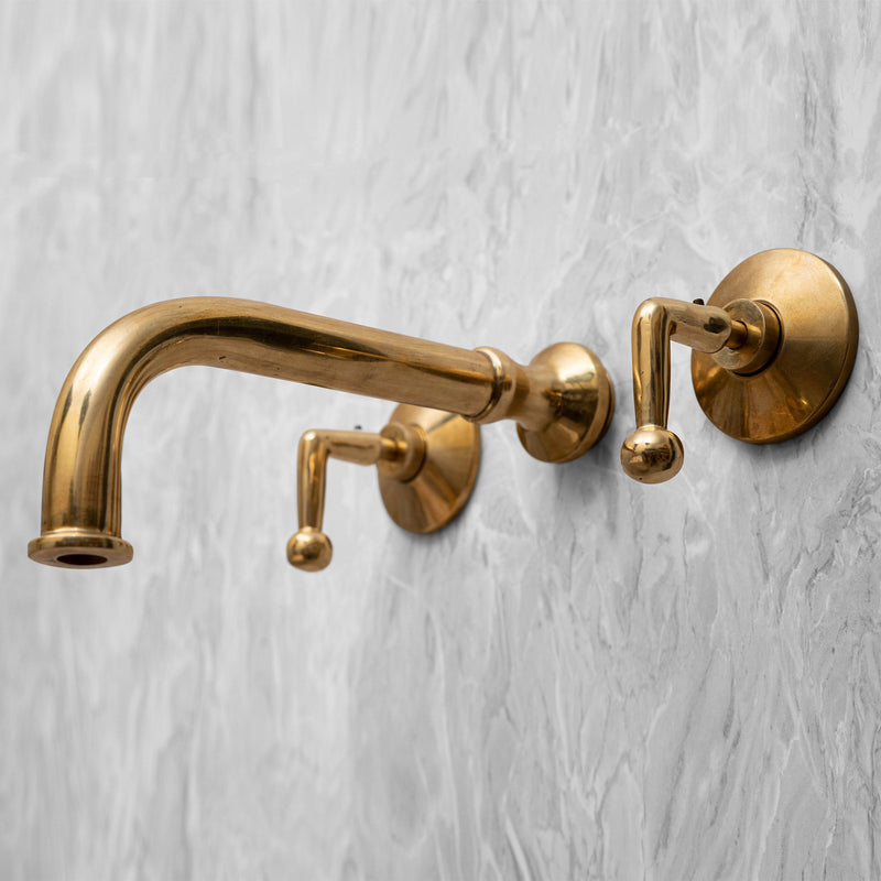 Unlacquered Brass Wall Mount Bathroom Faucet with Double Lever Handle and Rough-in Valve