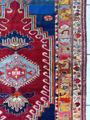 Hand-Knotted Antique Turkish Melas Wool Rug – 4'3" x 5'11" – Vibrant Geometric Motifs