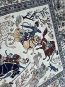 Hand-Knotted Lahore Hunting Scene Wool Rug – 8’ x 11’3” – Vintage 1950s Persian-Style Masterpiece