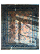 Hand-Knotted Indo-Sarouk Wool Rug – 8' x 10' – Peach Field with Navy Border