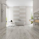 SPC Vinyl Rigid Core 7" Width 60" RL, 6mm Thick, 1.5mm IXPE Argent Dove Manifesto Floors - Mazzia Collection Product shoot Wash room view