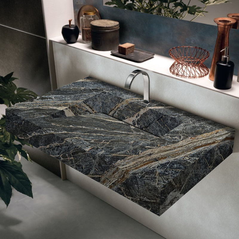 Adriatic Black Marble Modern Rectangular Sink Wall-mount Bathroom Sink (W)16" (L)30" (H)6" installed bathroom chrome faucet copper accessories and soap and liquid accessories