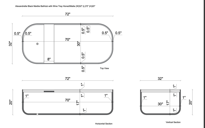 Alexandrette Black Marble Bathtub with Wine Tray Honed/Matte (W)32" (L)72" (H)20" technical drawing