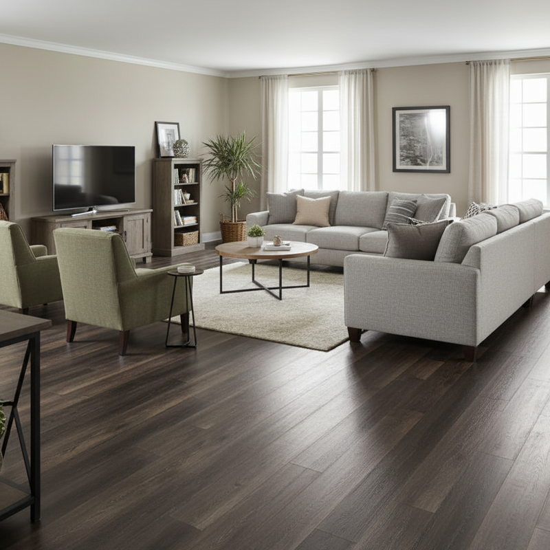 Modern living room with gray sectional sofa, coffee table, and decorative elements.
