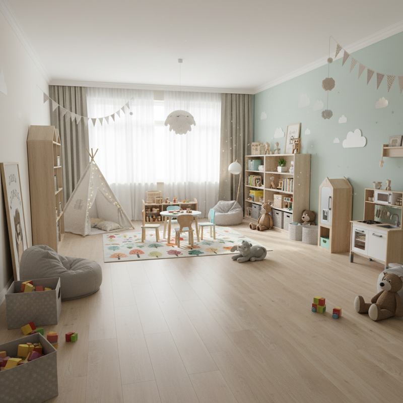 Children's playroom with toys and furniture on a wooden floor.