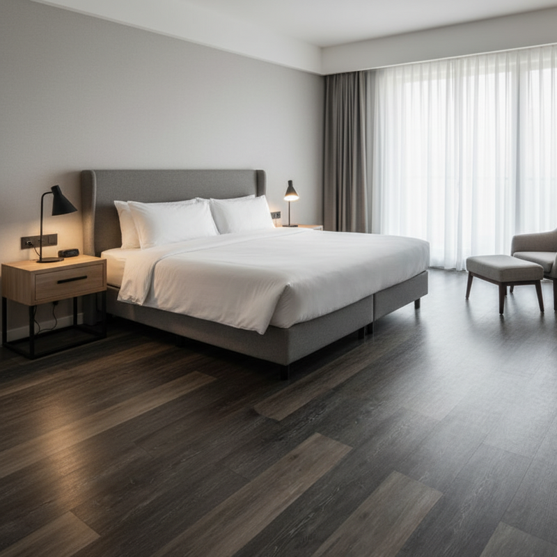 Modern bedroom with a bed, nightstands, and chairs.