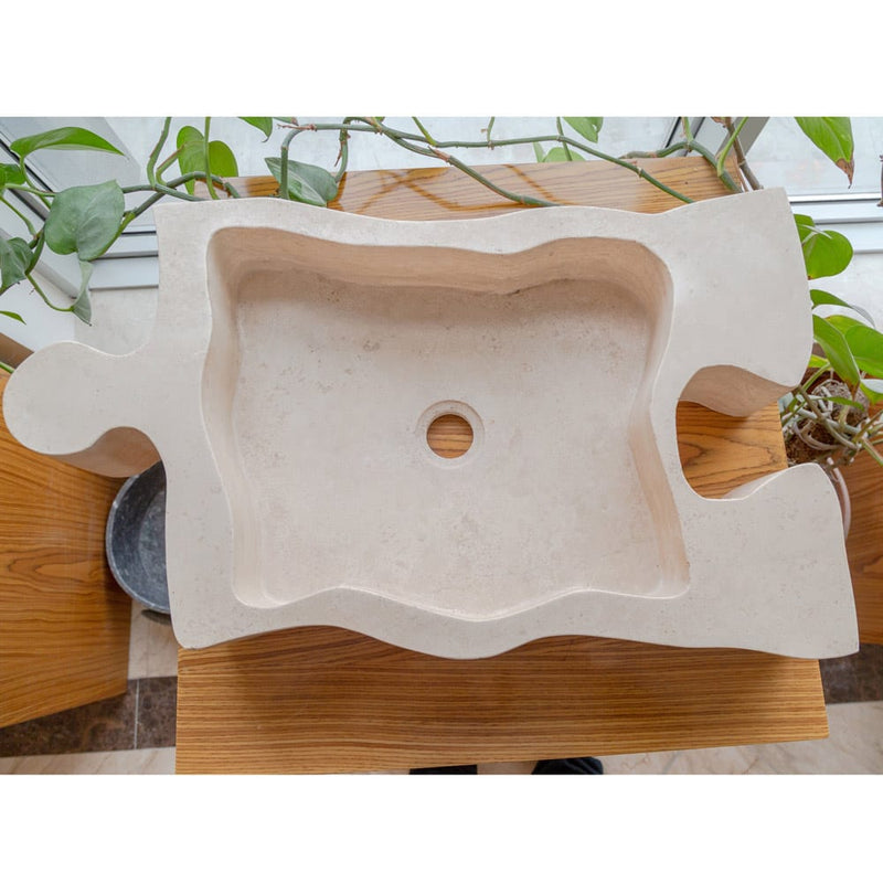 Beige Travertine puzzle shape farmhouse sink NTRVS02 W16 L27.5 top view