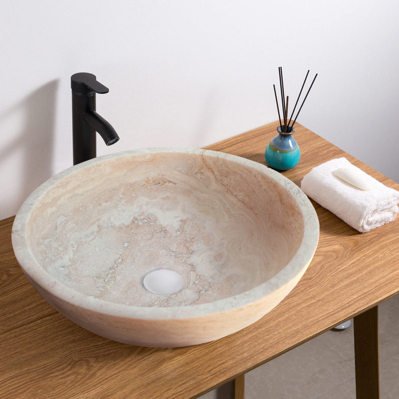 Beige travertine round vessel sink NTRSTC02 D18 H6 bathroom view