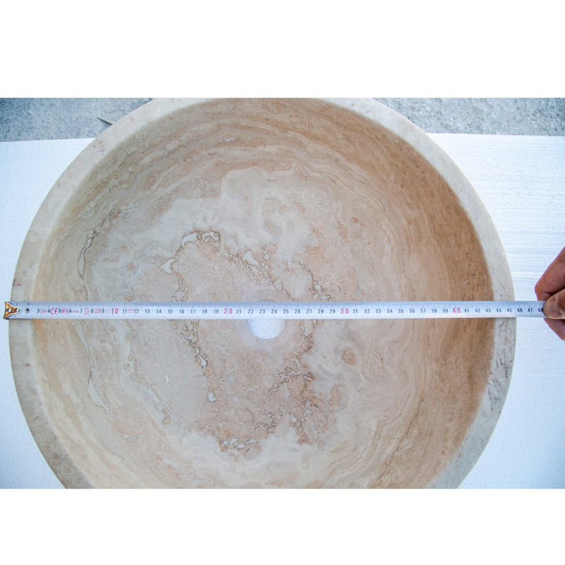 beige travertine round vessel sink NTRSTC02 D18 H6 diameter measure view