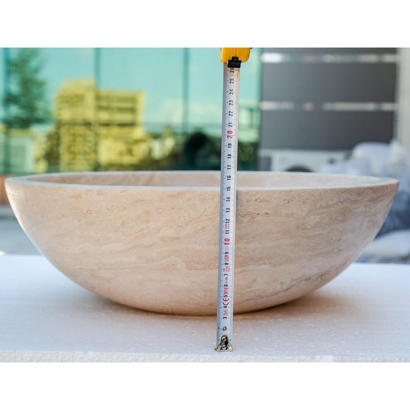 beige travertine round vessel sink NTRSTC02 D18 H6 height measure view