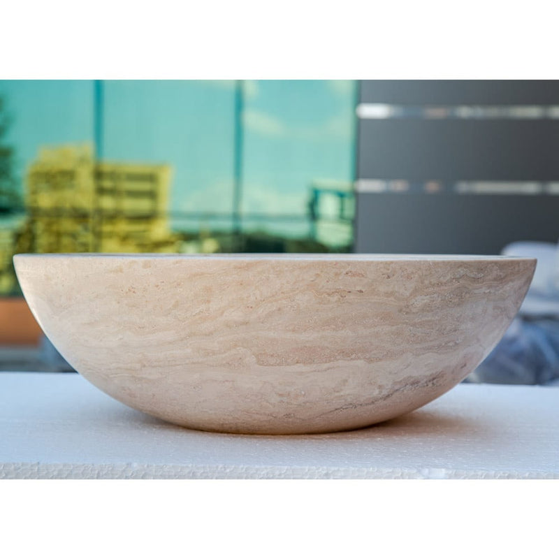 beige travertine round vessel sink NTRSTC02 D18 H6 side view