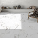 Bella Via Palatina Bianco Porcelain Tile 18x36 With Brown Chair