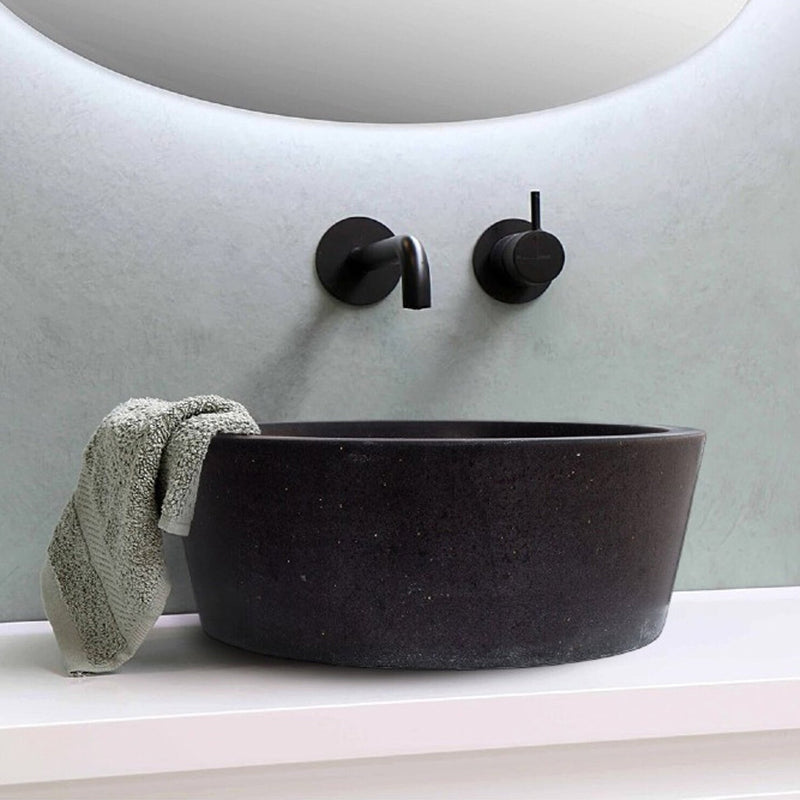 Black andesite natural stone vessel sink NTRSTC53 D16 H6 bathroom view mint green towel on one side