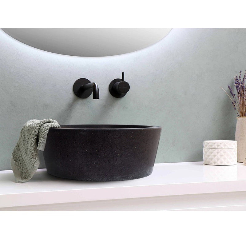 Black andesite natural stone vessel sink NTRSTC53 D16 H6 bathroom view mint green towel on one side