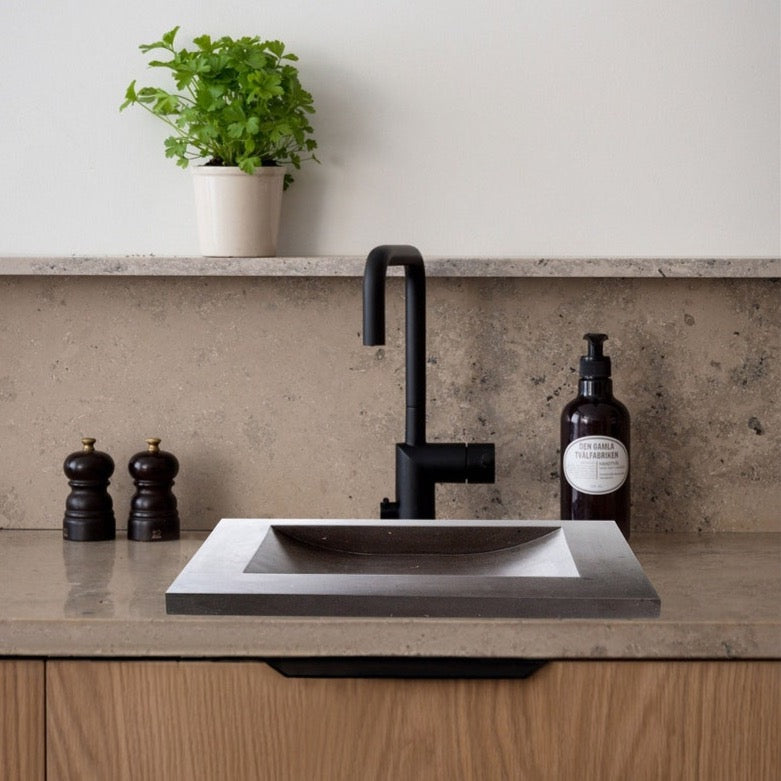 Black Andesite Natural Stone Rectangular Sink Honed/Matte (W)20" (L)33" (H)6" installed bathroom above vanity