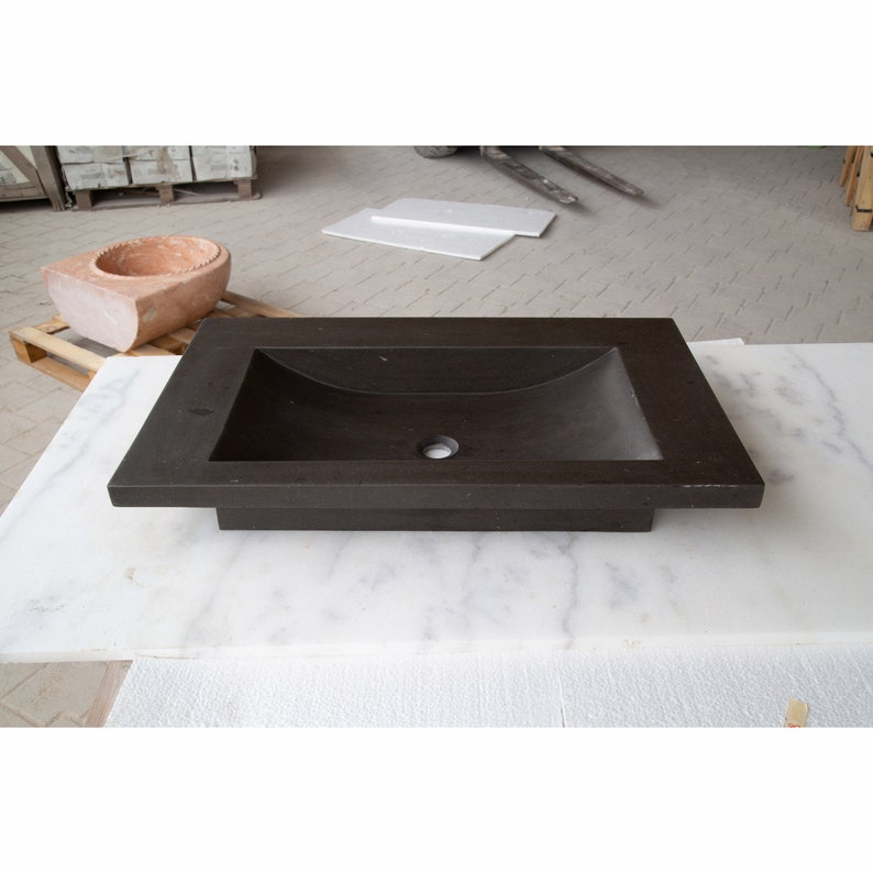 Black Andesite Natural Stone Rectangular Sink Honed/Matte (W)20" (L)33" (H)6" angle view