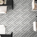 Blanco lynx 10.47x10.4 polished stone &amp; metal mesh mounted mosaic tile SMOT-SMTL-BLALYN8MM product shot dining room closeup view