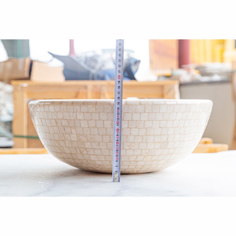 Botticino marble natural stone round above counter vessel sink semipolished d16 h6 SPBMNS17 product shot measurement view 2